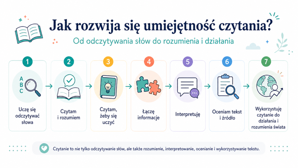 Pozioma infografika pokazująca rozwój umiejętności czytania w siedmiu etapach: uczę się odczytywać słowa, czytam i rozumiem, czytam, żeby się uczyć, łączę informacje, interpretuję, oceniam tekst i źródło oraz wykorzystuję czytanie do działania i rozumienia świata. Infografika przedstawia przejście od podstawowego odczytywania słów do świadomego, krytycznego i praktycznego korzystania z tekstu.