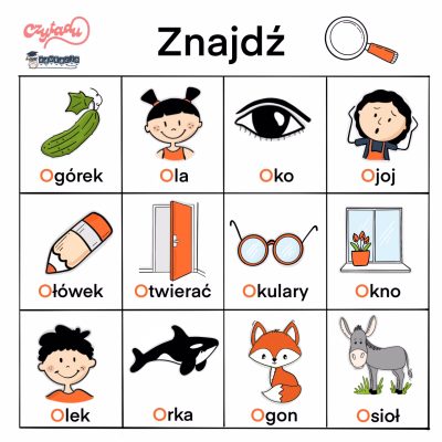 Karta pracy - przygotowanie do nauki czytania - wyszukiwanie na obrazkach słów zaczynających się na literę O
